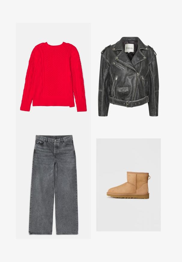 Czarna skórzana kurtka motocyklowa z wieloma zamkami błyskawicznymi, paskiem w talii, naramiennikami oraz satynową podszewką.; Czerwony sweter wykonany na drutach z wzorem w warkocze, z prążkowanymi brzegami i okrągłym dekoltem. Teksturowany design z długimi rękawami.; Jeans typu wide-leg w ciemnoszarej dżinsowej tkaninie. Posiadają wysoki stan, pięć kieszeni oraz zapięcie na guzik z przodu. Gładka faktura z delikatnym przetarciem.; Beżowe zamszowe botki za kostkę z okrągłym noskiem, przeszyciami, z pętelką z tyłu i teksturowaną gumową podeszwą. Zaprojektowane z myślą o komforcie i ciepłocie.