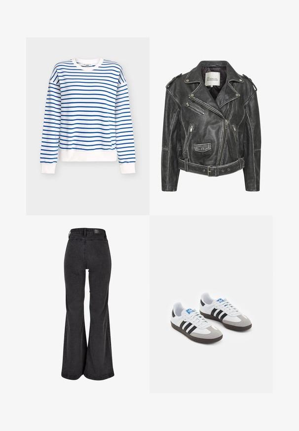 Črna usnjena motoristična jakna z več zadrgami, pasom, epoleti na ramenih in satensko obloženim notranjim delom.; Modro-bela majica s črtami z zaobljenim izrezom, rebrastimi manšetami in spodnjim delom, izdelana iz mehke mešanice bombaža.; Črne razširjene kavbojke z gladko teksturo, visokim pasom in blagovno znamko na zadnji strani. Imajo široko zasnovo hlačnic ter ojačano šivanje.; Športni čevlji z belim usnjenim zgornjim delom, sivim semišem na prstih in tremi črnimi črtami. Imajo modro logo na jeziku in teksturiran gumijast podplat.