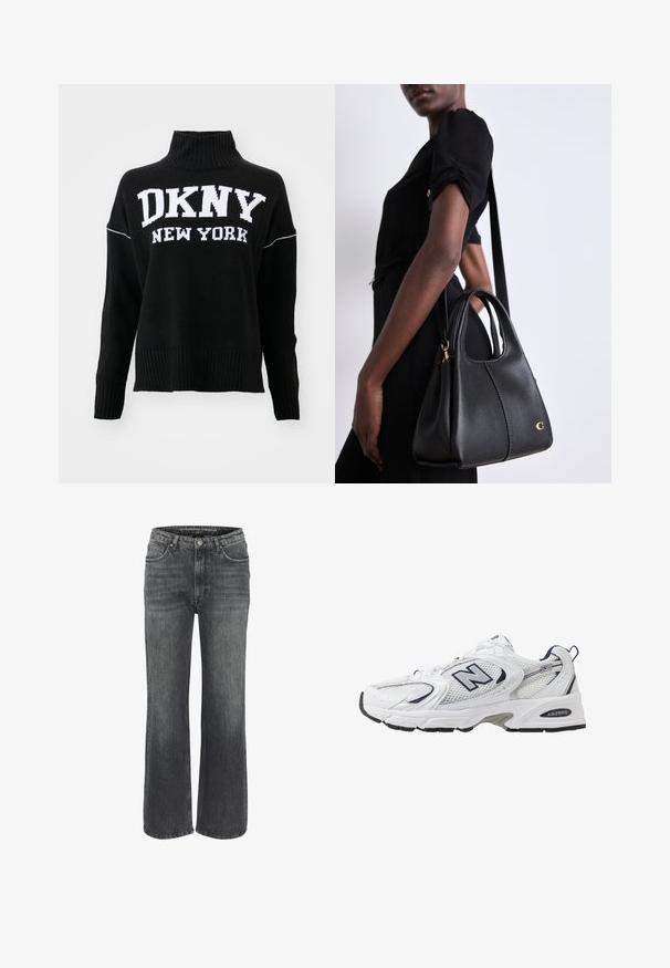 Fekete bőr motorkerékpáros dzseki, több cipzárral, övvel ellátott derékkal, vállon lévő epaulette-kel és selyemmel bélelt béléssel.; Fekete kötött pulóver magas bordás gallérral és fehér "DKNY NEW YORK" logóval. Bordás mandzsettákkal és aljjal rendelkezik, laza szabású.; Sötét szürke denim széles lábszárú farmernadrág, klasszikus öt zsebes dizájnnal, varrásos részletezéssel és gombos zárással a derékon.; Fehér sportcipő hálós felsőrészével, sötétkék kiegészítőkkel és párnázott talppal. Jellemzője az "N" logó, a fűzők és a textúrázott részlet az oldalon.; Fekete bőr hobo alakú kézitáska, sima felülettel, lekerekített tetejével és aranyszínű fém kiegészítőkkel.