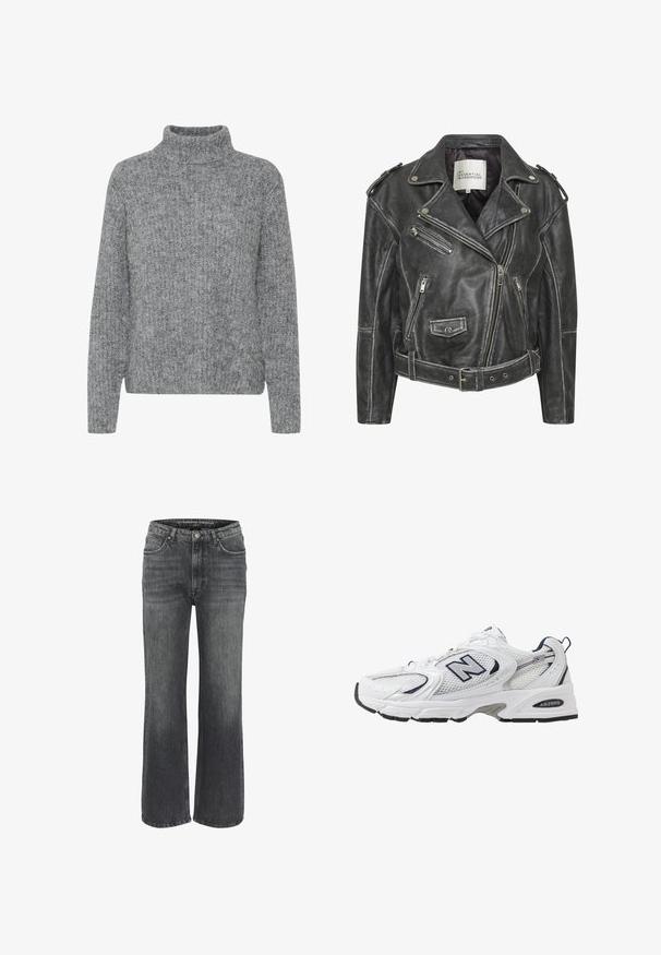 Jachetă de motociclist din piele neagră, cu multiple fermoare, talie cu curea, epauleți pe umeri și interior căptușit cu satin.; Pulover gri tricotat cu guler înalt, texturi variate și o formă pătrată. Are mâneci lungi și un tiv care se situează la nivelul taliei.; Camisă asimetrică neagră cu bretele subțiri, decorată cu dantelă delicată la guler, cusătură diagonală și tiv.; Jeans largi din denim gri închis, cu un design clasic cu cinci buzunare, detalii cusute și o închidere cu buton la talie.; Shoe sportiv alb cu parte superioară din plasă, accente bleumarin și talpă amortizată. Are logo-ul "N", șireturi și detalii texturate pe lateral.