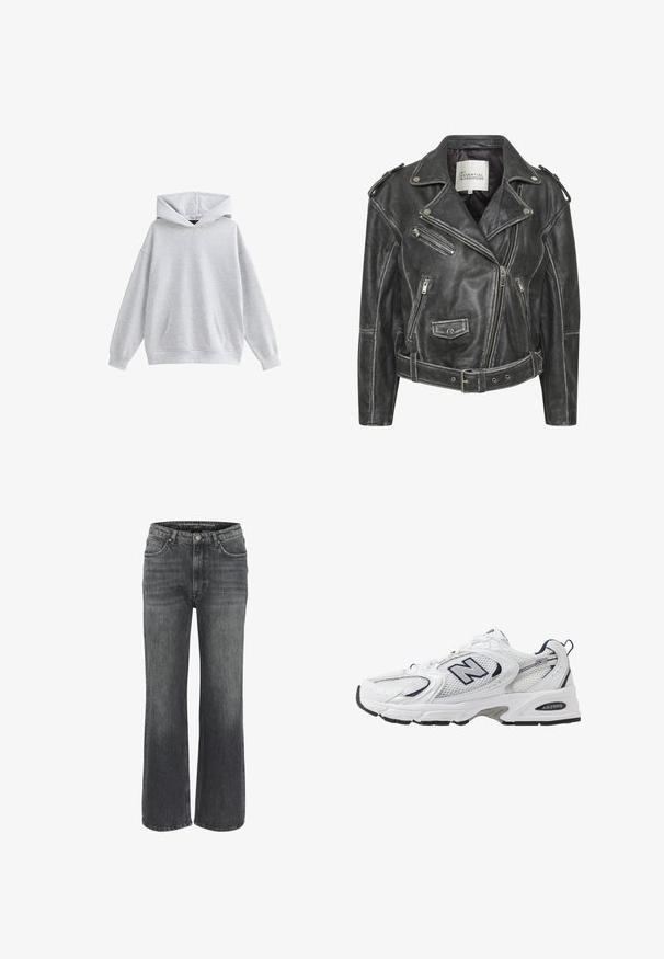 Zwarte leren motorjack met meerdere ritsen, een ceintuur in de taille, schouderepauletten en een satijnen voering.; New Look BLEND - Hoodie - pale grey; Wijd uitgesneden jeans in donkergrijze denim, met een klassieke vijf-pocketontwerp, gestikte details en een knoopsluiting in de taille.; Witte sport schoen met mesh bovenkant, marineblauwe accenten en een gehoorzaamde zool. Bevat het "N" logo, veters en een gestructureerde detail aan de zijkant.
