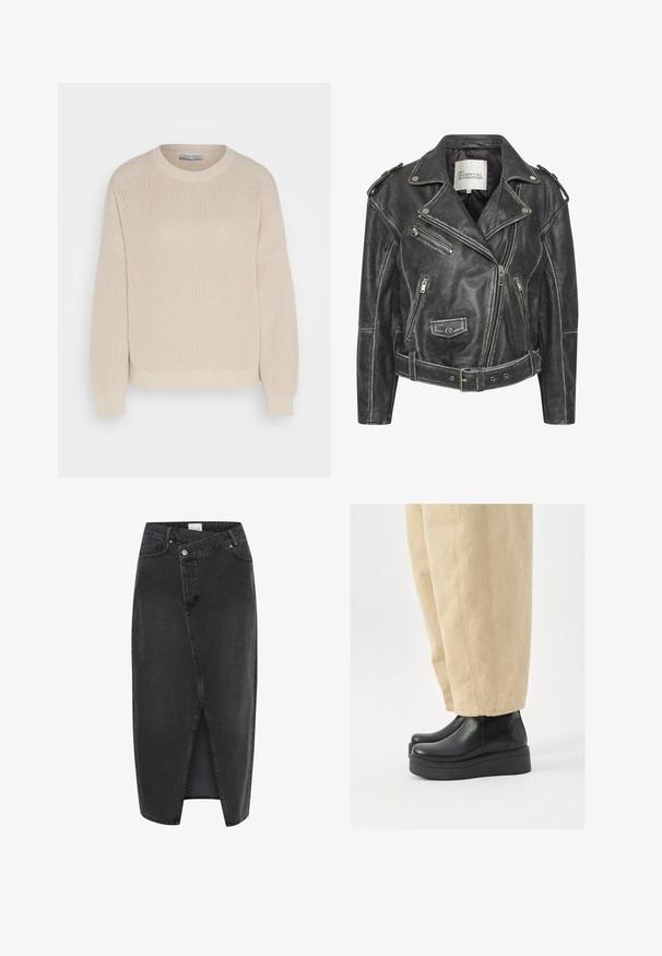 Zwarte leren motorjack met meerdere ritsen, een ceintuur in de taille, schouderepauletten en een satijnen voering.; Anna Field Trui - grey; Zwarte denim midi-rok met een split aan de voorkant, gestructureerde pasvorm en klassiek vijf-pocket ontwerp. Voorzien van een knoop- en ritssluiting.; Zwarte leren enkellaarzen met een ronde neus en platformzool. Gecombineerd met beige wijde broekspijpen, met zichtbare stikdetails.