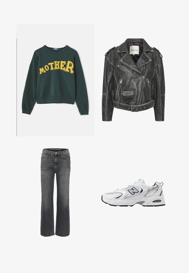 Giacca da motociclista in pelle nera con multiple zip, vita con cintura, spalline e interno foderato in satin.; Mother THE DROP SQUARE - Felpa - dark green; Jeans a gamba larga in denim grigio scuro, dotati di un classico design a cinque tasche, dettagli cuciti e chiusura con bottone in vita.; Scarpa sportiva bianca con tomaia in mesh, dettagli in blu marino e suola imbottita. Presenta il logo "N", lacci e dettaglio texturizzato sul lato.