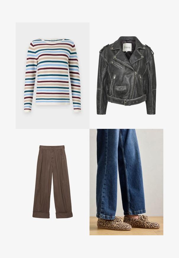 Schwarze Leder-Motorradjacke mit mehreren Reißverschlüssen, einem taillierten Gürtel, Schulterepauletten und einem satinierten Innenfutter.; TOM TAILOR NEW OTTOMAN - Strickpullover - teal-colored; Braune weite Hosen aus Baumwolle mit Knopfverschluss, gefältelter Vorderseite und umgeschlagenen Säumen für einen entspannten Sitz.; Leopardenmuster-Loafers aus Wildleder, mit abgerundetem Zehenbereich, Schnürdesign und flachen, flexiblen Sohlen, kombiniert mit blauen Jeans.