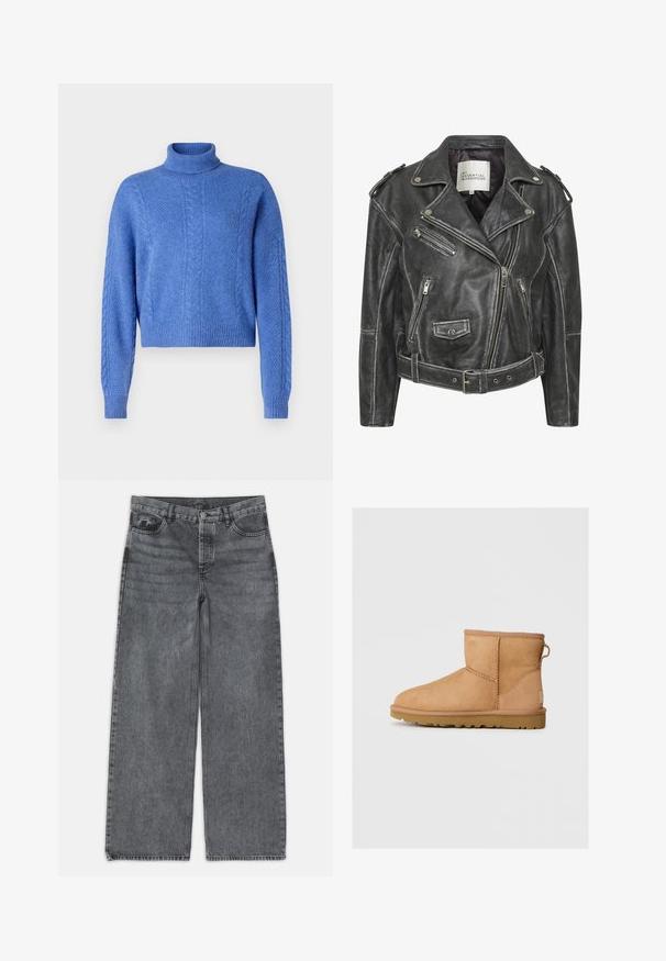 Črna usnjena motoristična jakna z več zadrgami, pasom, epoleti na ramenih in satensko obloženim notranjim delom.; Skrajšani modri pulover z visokim ovratnikom, ki ima strukturirane pletene vzorce in rebraste manšete. Narejen iz mehkega, toplega materiala.; Svetle hlače širokih nogavic v temno sivi denimu. Imajo visok pas, pet žepov in sprednji gumbasti zaklep. Gladka tekstura z občutnim zbledeljem.; Rjav nubuk čevlj z gležnjem s okroglo konico, šivanjem, zanko za pomoč pri oblačenju na hrbtni strani in teksturiranim gumijastim podplatom. Zasnovan za udobje in toplino.