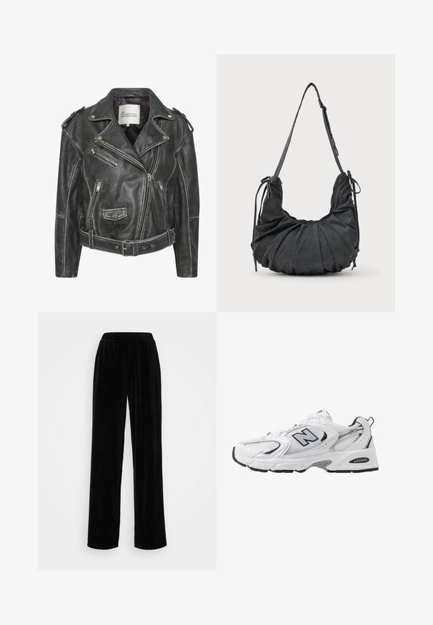 Čierna kožená motorkárska bunda s viacerými zipsami, opaskom v páse, ramennými epauletmi a saténovo podšívaným interiérom.; Čierna asymetrická tílko s tenkými ramienkami, zdobená jemnou čipkou pozdĺž výstrihu, diagonálnym švom a lemovaním.; Čierne, dlhé nohavice s širokými nohavicami vyrobené z mäkkej, plyšovej tkaniny s elastickým pásom. Hladká štruktúra a jednotná farba, bez viditeľných vzorov alebo akcentov.; Biele športové topánky s priedušným vrchným materiálom, námorníckymi akcentmi a polstrovanou podrážkou. Obsahujú logo "N", šnúrky a textúrovaný detail na boku.; Čierna mäkká tkaninová ramenná taška s naberanými detailmi, nastaviteľným popruhom a viazanými šnúrkami na každej strane, vystavená na bielom pozadí.