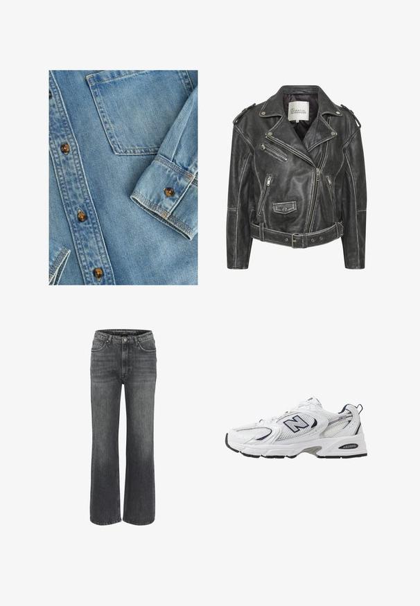 Schwarze Leder-Motorradjacke mit mehreren Reißverschlüssen, einem taillierten Gürtel, Schulterepauletten und einem satinierten Innenfutter.; Helle blaue Denim-Hemd mit durchgehender Knopfleiste, einer einzelnen Brusttasche und braunen Knöpfen. Der Stoff hat eine glatte Textur mit dezentem Verblassen.; Weite Jeans aus dunkelgrauem Denim mit klassischem Fünf-Taschen-Design, genähten Details und einem Knopfverschluss an der Taille.; Weißer Sportschuh mit Mesh-Obermaterial, navyblauen Akzenten und gepolsterter Sohle. Verfügt über das "N"-Logo, Schnürsenkel und eine strukturierte Detailverarbeitung an der Seite.