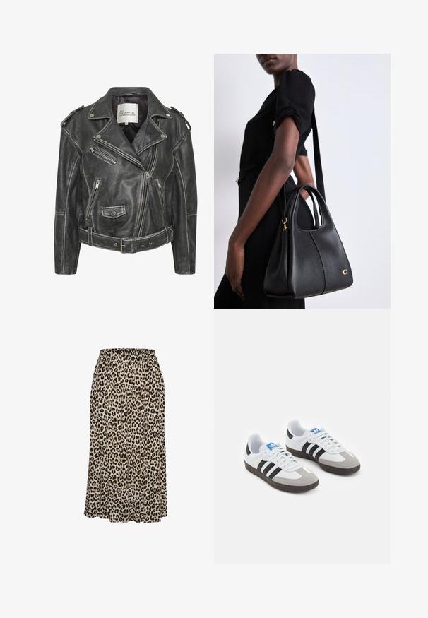 Schwarze Leder-Motorradjacke mit mehreren Reißverschlüssen, einem taillierten Gürtel, Schulterepauletten und einem satinierten Innenfutter.; Zwei ärmellose Body Suits in olivgrün und schwarz. Aus glattem Stoff mit rundem Ausschnitt und hohem Beinausschnitt.; Leopardenmusterrock aus leichtem Material, mit einem elastischen Bund und einer ausgestellten Silhouette, die bis zur Mitte der Wade reicht.; Sportschuhe mit einem Obermaterial aus weißem Leder, grauer Wildleder-Zehenkappe und drei schwarzen Streifen. Sie verfügen über ein blaues Logo auf der Zunge und eine strukturierte Gummisohle.; Schwarze Ledertasche in Hobo-Form mit glatter Textur, abgerundetem Oberteil und goldenen Hardware-Akzenten.