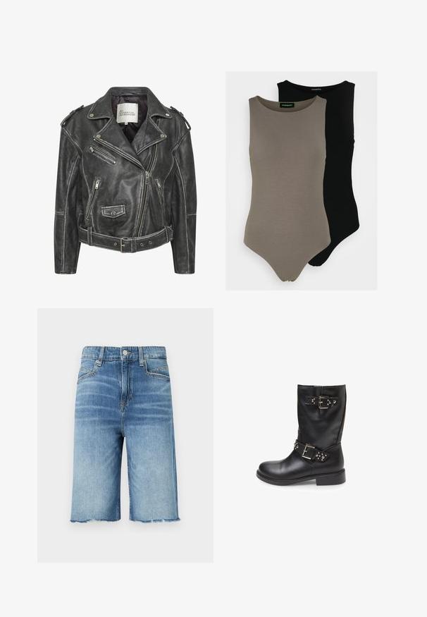 Črna usnjena motoristična jakna z več zadrgami, pasom, epoleti na ramenih in satensko obloženim notranjim delom.; Dva brezrokavnika v olivno zeleni in črni barvi. Narejena iz gladkega materiala z okroglo ovratnikom in visoko izrezom na nogah.; Denim kratke hlače v svetlo modri barvi z zbledelim zaključkom, dizajn s petimi žepi, surov rob in podrobnosti z kontrastnim šivanjem.; Bata Gležnjar v kavbojskem in motorističnem slogu - nero