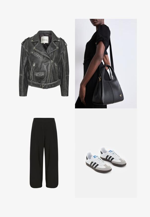 Zwarte leren motorjack met meerdere ritsen, een ceintuur in de taille, schouderepauletten en een satijnen voering.; Twee mouwloze bodysuits in olijfgroen en zwart. Gemaakt van een gladde stof met een ronde halslijn en een hoog uitgesneden beenontwerp.; Zwarte wijde broek met een gladde stof, voorzien van plooien aan de voorkant en een rechte zoom. Minimale hardwaredetails.; Sportschoenen met een witte leren bovenkant, grijze suède neus en drie zwarte strepen. Bevat een blauw logo op de tong en een gestructureerde rubberen zool.; Zwarte leren handtas in hobo-vorm, met een gladde textuur, ronde bovenkant en gouden hardware accenten.