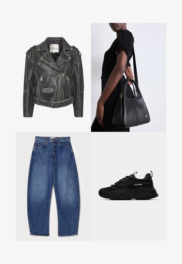 Jachetă de motociclist din piele neagră, cu multiple fermoare, talie cu curea, epauleți pe umeri și interior căptușit cu satin.; Două body-uri fără mâneci, în verde măsliniu și negru. Confectionate dintr-un material neted, cu decolteu rotund și un design cu picior înalt.; Jeans din denim cu o croială lejeră, talie medie, culoare albastru închis, textură uzată, design cu cinci buzunare și deschidere dreaptă la picior.; Adidași chunky negri Steve Madden cu panouri din plasă, talpă groasă, curele de prindere pe limbă și călcâi, inscripție logo pe lateral, prezentați din profil.; Geantă de umăr din piele neagră, cu o formă hobo, având o textură netedă, un vârf rotunjit și accente din metal auriu.