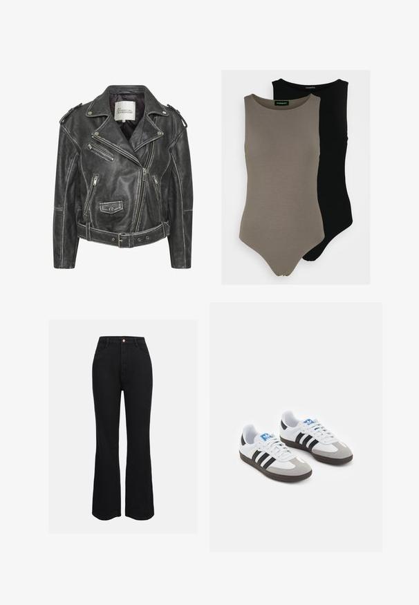 Black leather motorcycle jacket featuring multiple zippers, a belted waist, shoulder epaulettes, and a satin-lined interior.; Two sleeveless bodysuits in olive green and black. Made of smooth fabric with a round neckline and a high-cut leg design.; Black high-waisted flared jeans made of denim, featuring traditional pockets and a front button closure. Smooth texture and consistent color.; Sport shoes with a white leather upper, gray suede toe, and three black stripes. Features a blue logo on the tongue and a textured rubber sole.