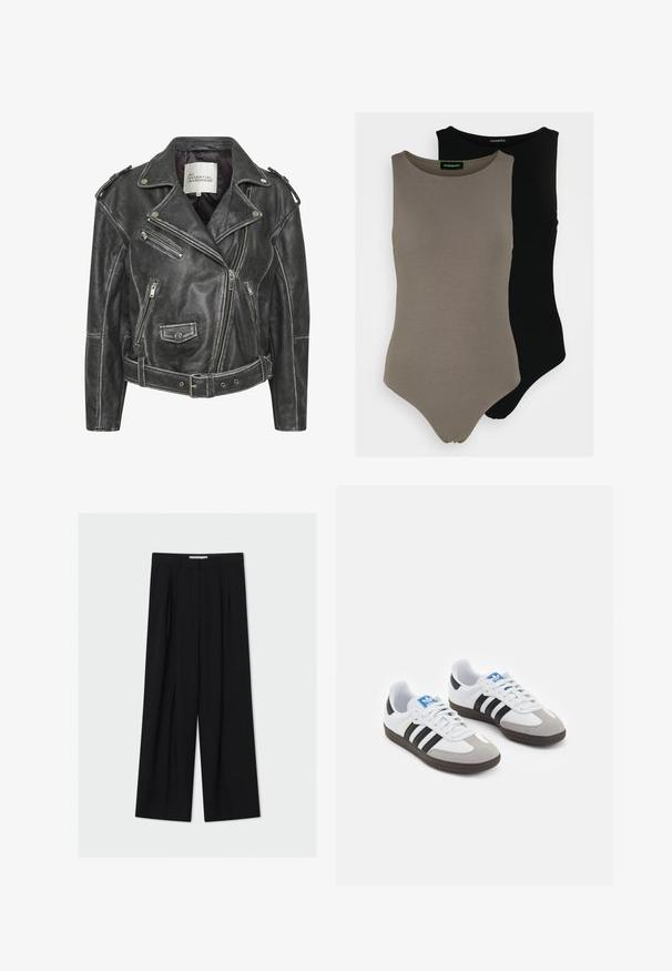 Giacca da motociclista in pelle nera con multiple zip, vita con cintura, spalline e interno foderato in satin.; Due bodysuit smanicati in verde oliva e nero. Realizzati in tessuto morbido, con scollatura rotonda e design a gamba alta.; Pantaloni neri a gamba larga realizzati in un tessuto morbido. Presentano una vita alta, pieghe frontali e un taglio alla caviglia. Design minimalista.; Scarpe sportive con tomaia in pelle bianca, punta in suede grigia e tre strisce nere. Presentano un logo blu sulla linguetta e una suola in gomma testurizzata.