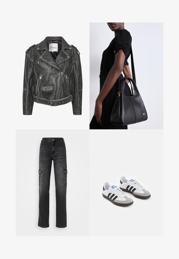 Svart lädermotorcykeljacka med flera dragkedjor, midjebälte, axelepaulettes och ett satinfoder inuti.; Två ärmlösa bodysuits i olivgrönt och svart. Tillverkade av mjukt tyg med rund halsringning och högskurna ben.; Höga, raka cargojins i urtvättad svart denim. Har sidofickor, knappstängning och dubbelsydda sömmar.; Sportskor med överdel i vit läder, grå mocka på tårna och tre svarta ränder. Har en blå logotyp på tungan och en texturerad gummisula.; Svart läderhandväska med hobostil, med en slät textur, rundad topp och guldakcentuerade detaljer.