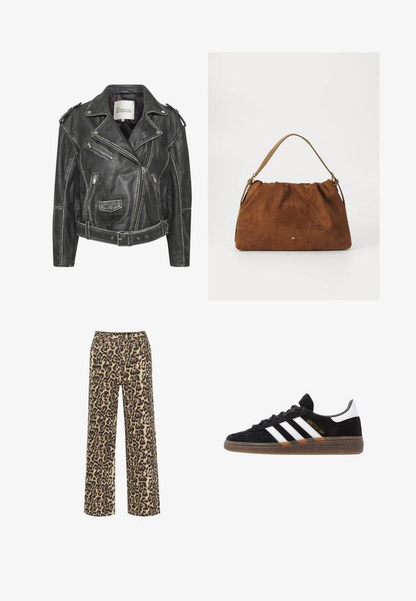 Zwarte leren motorjack met meerdere ritsen, een ceintuur in de taille, schouderepauletten en een satijnen voering.; Zwarte katoen stof met een soepele textuur en een ronde halslijn, met een subtiele, gelijkmatige nerfpatroon. Geen zichtbare logo's of accenten.; Beige en zwarte stoffe broek met luipaardprint, met een knoopsluiting en meerdere zakken, gemaakt van een gestructureerde stof.; Zwarte Adidas sneaker met witte strepen, gouden "Spezial" tekst, gumzool en witte hieltab, weergegeven in zijaanzicht.; Bruine suède handtas met een geplooid ontwerp, voorzien van een enkele tan kleur leren schouderband en een subtiele gouden logo-detail aan de voorkant.