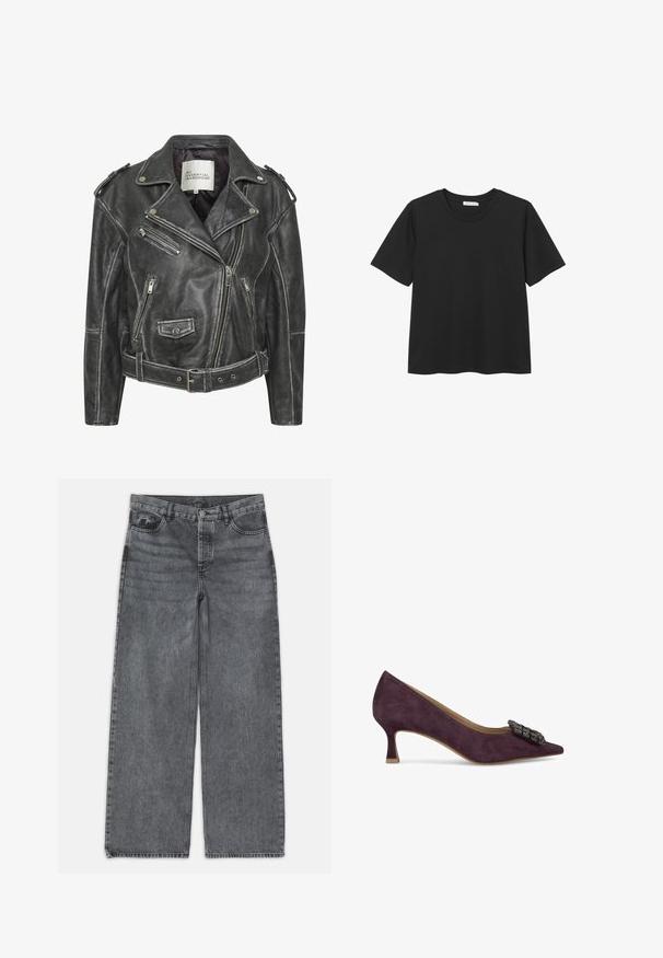 Czarna skórzana kurtka motocyklowa z wieloma zamkami błyskawicznymi, paskiem w talii, naramiennikami oraz satynową podszewką.; Czarny krótki rękaw T-shirt z okrągłym dekoltem, wykonany z miękkiego materiału bawełnianego, z prostym dołem i bez widocznych wzorów ani akcentów.; Jeans typu wide-leg w ciemnoszarej dżinsowej tkaninie. Posiadają wysoki stan, pięć kieszeni oraz zapięcie na guzik z przodu. Gładka faktura z delikatnym przetarciem.; Fioletowe zamszowe czółenka z ostrym czubkiem, niskim obcasem i ozdobnym czarnym hardwarem z przodu, z gładką teksturą i klasycznym wzornictwem.