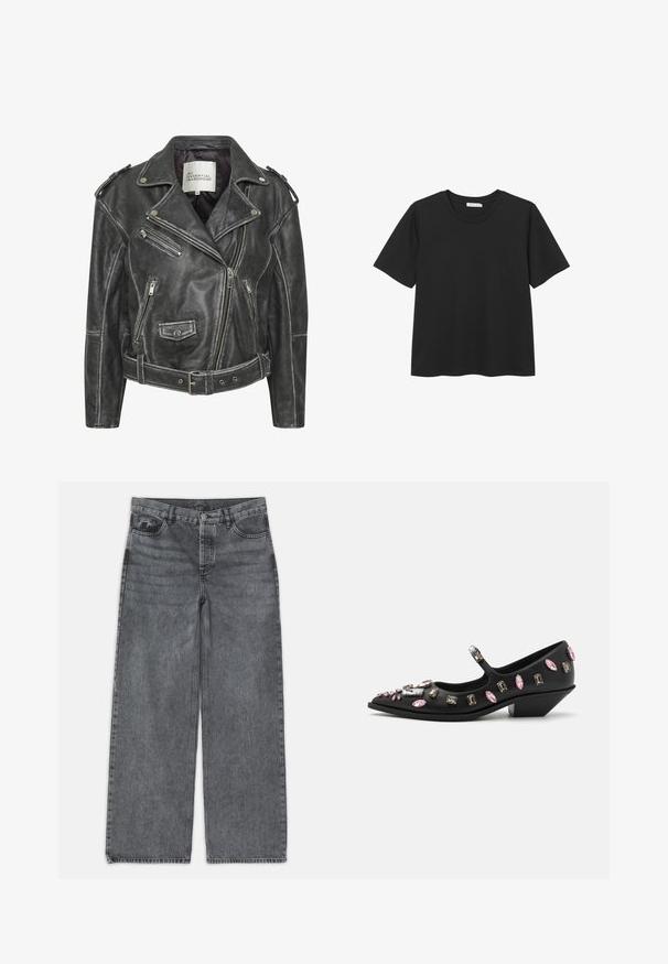 Svart lädermotorcykeljacka med flera dragkedjor, midjebälte, axelepaulettes och ett satinfoder inuti.; Svart kortärmad T-shirt med rund halsringning, tillverkad av mjukt bomullsmaterial, med rak nederkant och utan synliga mönster eller detaljer.; Breda jeans i mörkgrå denim. Har hög midja, femficksdesign och framknäppt stängning. Slät textur med subtil blekning.; Svart läder Mary Jane-sko med spetsig tå, prydd med stenar i olika former i rosa och klart, med en låg kilklack.