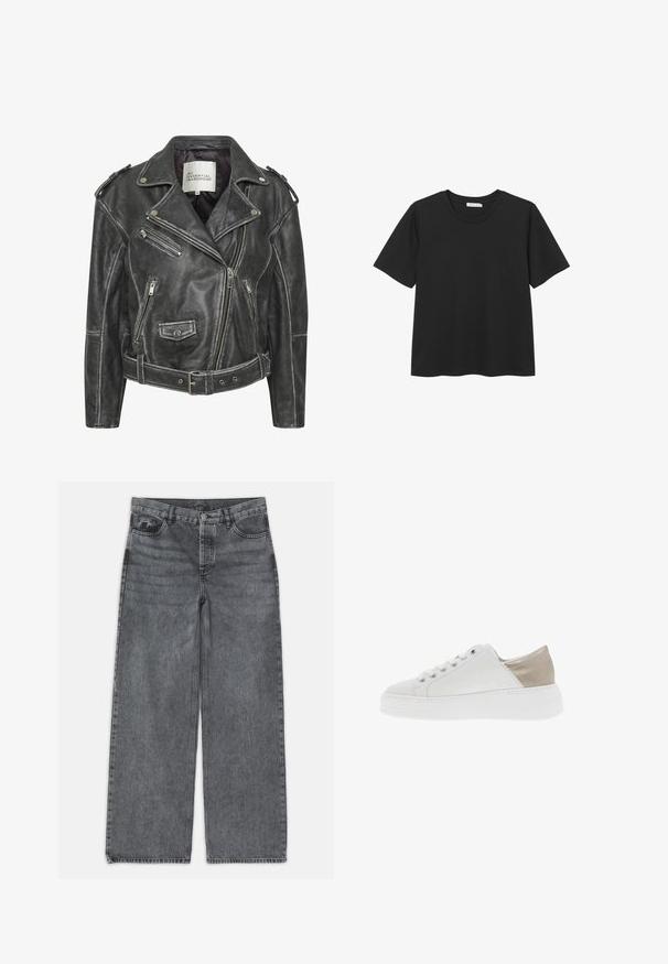 Black leather motorcycle jacket featuring multiple zippers, a belted waist, shoulder epaulettes, and a satin-lined interior.; Black short-sleeve T-shirt with a round neckline, made of soft cotton material, featuring a straight hem and no visible patterns or accents.; Wide-leg jeans in dark gray denim. Features a high waist, five-pocket design, and front button closure. Smooth texture with subtle fading.; White leather sneaker with metallic beige heel accent, flat white rubber sole, and six eyelet lacing. Stitch detailing along edges.