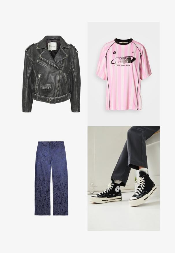 Sort lædermotorcykeljakke med flere lynlåse, bælte i taljen, skulderepauleter og satinforet inderside.; Lyserød og hvid stribet kortærmet jersey med sorte detaljer, prydet med en blank sort logo med teksten "COPENHAGEN" og et blomsteremblem.; Vide benbukser i mørkeblå med et struktureret, abstrakt mønster. Har en knaplukning og forlommer. Blødt stof med en glat finish.; Sorte lærred højhælede sneakers med gummitåhætte, hvide snørebånd og Converse-logo patch. Har kontrasterende hvid sål og syninger.
