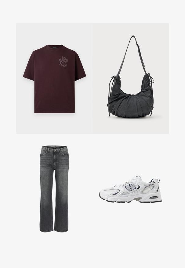 Černá kožená motorkářská bunda s několika zipy, opaskem v pase, epaulety na ramenou a saténovou podšívkou.; Burgundské bavlněné tričko s krátkými rukávy, kulatým výstřihem a jemným grafickým logem v tmavším odstínu na levé straně hrudi.; Široké džíny v tmavě šedé denimové barvě, s klasickým designem pěti kapes, prošitými detaily a knoflíkovým zapínáním v pase.; Bílé sportovní boty s textilním svrškem, námořnickými akcenty a polstrovanou podrážkou. Obsahují logo "N", tkaničky a texturovaný detail na boku.; Černá měkká taška přes rameno s nařasenými detaily, nastavitelným popruhem a zavázanými šňůrkami po stranách, vystavená na bílém pozadí.