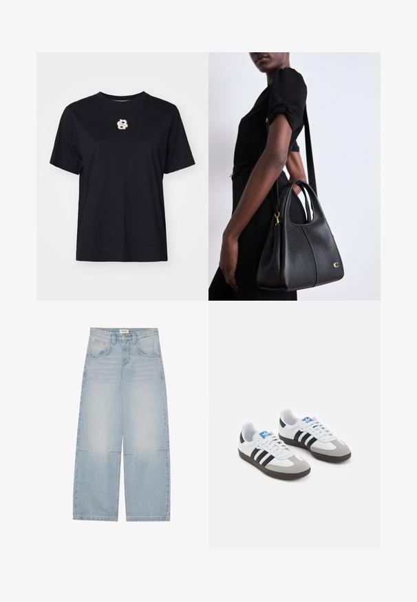 Musta nahkainen moottoripyörätakki, jossa on useita vetoketjuja, vyöllinen vyötärö, olkapäät ja satiinivuori.; Musta puuvillane T-särk lühikeste varrukatega, ümmargune kaelus ja rinnal väike valge ja kuldne tikandiga logo.; Vaaleansiniset leveälahkeiset farkut, joissa on korkea vyötärö, viisi taskua ja hillitty kulutus; varustettu kontrastivärisillä ompeleilla ja nappikiinnityksellä.; Urheilukengät, joissa on valkoinen nahkainen päällinen, harmaa mokkanokka ja kolme mustaa raitaa. Ominaisuuksina sininen logo kielekkeessä ja kuvioitu kumipohja.; Mustaknahkainen käsilaukku hobo-muodolla, jossa on sileä pinta, pyöristetty yläosa ja kultaiset metalliosat.