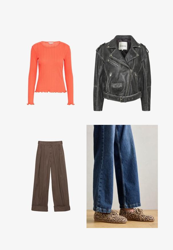 Schwarze Leder-Motorradjacke mit mehreren Reißverschlüssen, einem taillierten Gürtel, Schulterepauletten und einem satinierten Innenfutter.; Korallefarbendes Langarmoberteil mit gerippter Textur. Verfügt über einen runden Ausschnitt und eine Rüsche an den Bündchen und am Saum. Leichter Stoff.; Braune weite Hosen aus Baumwolle mit Knopfverschluss, gefältelter Vorderseite und umgeschlagenen Säumen für einen entspannten Sitz.; Leopardenmuster-Loafers aus Wildleder, mit abgerundetem Zehenbereich, Schnürdesign und flachen, flexiblen Sohlen, kombiniert mit blauen Jeans.