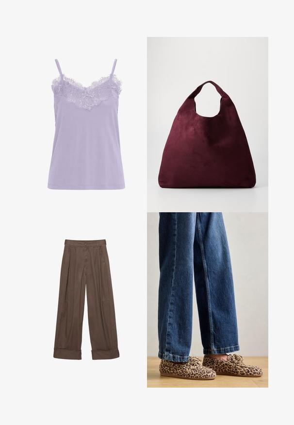 Sort lædermotorcykeljakke med flere lynlåse, bælte i taljen, skulderepauleter og satinforet inderside.; Lavendel camisole med blondekant ved halsudskæringen. Har tynde stropper og en blød stofstruktur. Lige snitdesign, uden synlige mønstre.; Brune brede bukser lavet af bomuld, med knaplukning, plisseret front og optrækkede ben for en afslappet pasform.; Læderloafers med leopardmønster, lavet af ruskind, med rund tå, snøre-design og flade, fleksible såler, parret med blå denim jeans.; Stor dyb burgunder suedetasker med en enkelt bred håndtag og en slaskende trekantet form på en ensfarvet baggrund.