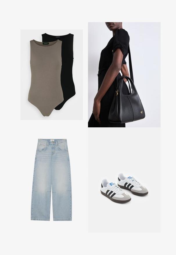 Svart lädermotorcykeljacka med flera dragkedjor, midjebälte, axelepaulettes och ett satinfoder inuti.; Två ärmlösa bodysuits i olivgrönt och svart. Tillverkade av mjukt tyg med rund halsringning och högskurna ben.; Ljusblå vida denimjeans med hög midja, fem fickor och subtila blekningar; har kontrasterande sömmar och knäppning.; Sportskor med överdel i vit läder, grå mocka på tårna och tre svarta ränder. Har en blå logotyp på tungan och en texturerad gummisula.; Svart läderhandväska med hobostil, med en slät textur, rundad topp och guldakcentuerade detaljer.