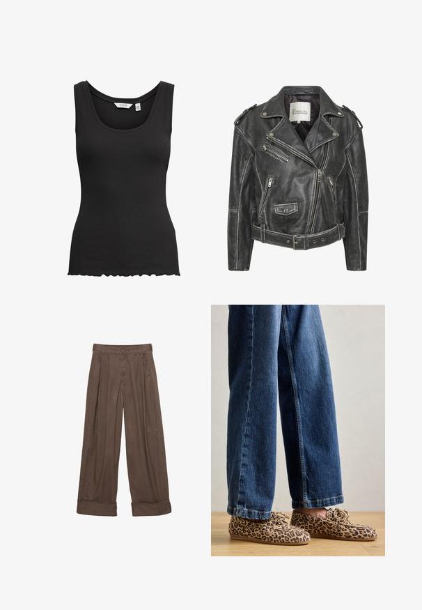 Črna usnjena motoristična jakna z več zadrgami, pasom, epoleti na ramenih in satensko obloženim notranjim delom.; Črna rebrasta majica brez rokavov s krožnim izrezom in valovitim robom. Narejena je iz raztegljive tkanine, ima široke naramnice za udobje.; Rjave široke hlače iz bombaža, ki imajo gumbasto zapiranje, nabran sprednji del in zavihke za sproščen fit.; Loafers z leopardjim vzorom iz semiša, z zaobljenim nosom, dizajnom vezalk in ravnimi, fleksibilnimi podplati, v kombinaciji z modrimi jeans hlačami.