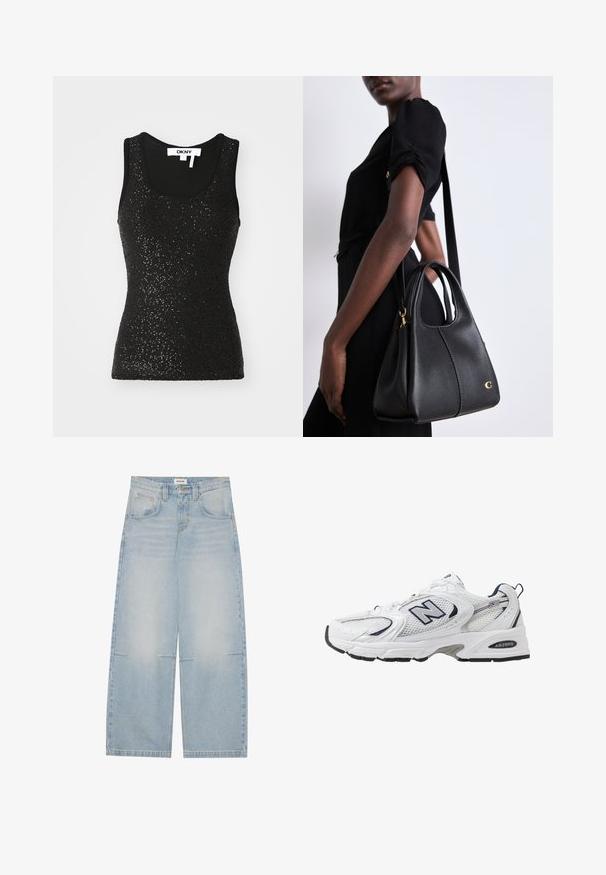 Giacca da motociclista in pelle nera con multiple zip, vita con cintura, spalline e interno foderato in satin.; Canotta nera senza maniche realizzata in tessuto testurizzato con dettagli di paillettes. Presenta un collo rotondo e bordi a costine. Etichetta del marchio visibile.; Jeans in denim azzurro chiaro a gamba larga con vita alta, cinque tasche e una leggera sfumatura; presentano cuciture a contrasto e una chiusura con bottone.; Scarpa sportiva bianca con tomaia in mesh, dettagli in blu marino e suola imbottita. Presenta il logo "N", lacci e dettaglio texturizzato sul lato.; Borsa a tracolla in pelle nera con forma hobo, caratterizzata da una superficie liscia, parte superiore arrotondata e dettagli in metallo dorato.