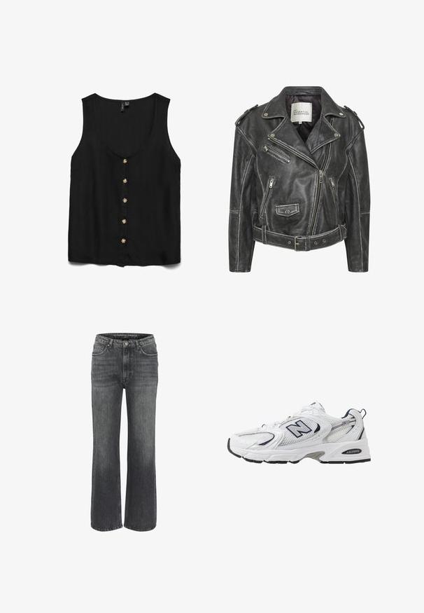 Sort lædermotorcykeljakke med flere lynlåse, bælte i taljen, skulderepauleter og satinforet inderside.; Sort ærmeløs bluse med dyb V-udskæring, prydet med guldknapper ned langs fronten og et glat, let stof.; Bredde ben jeans i mørkegrå denim med et klassisk femlomme-design, stikninger og en knaplukning i taljen.; Hvide sportsko med netoverdel, marineblå detaljer og polstret sål. Har "N" logo, snørebånd og struktureret detalje på siden.