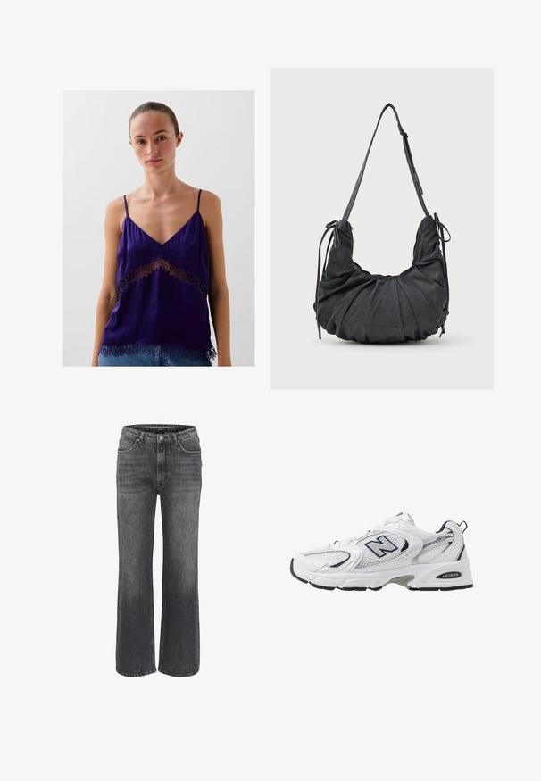 Veste de moto en cuir noir avec plusieurs zips, taille ceinturée, épaulettes et doublure en satin.; Camisole en soie violet avec de fines bretelles, présentant un décolleté en V et des découpes en dentelle florale le long de l'ourlet et de la section médiane.; Jeans larges en denim gris foncé, présentant un design classique à cinq poches, des coutures décoratives et une fermeture à bouton à la taille.; B baskets blanches avec une tige en mesh, des accents bleu marine et une semelle rembourrée. Présente le logo "N", des lacets et un détail texturé sur le côté.; Sac à épaule en tissu noir doux avec des détails froncés, une bandoulière ajustable et des cordons de serrage noués de chaque côté, présenté sur un fond blanc.