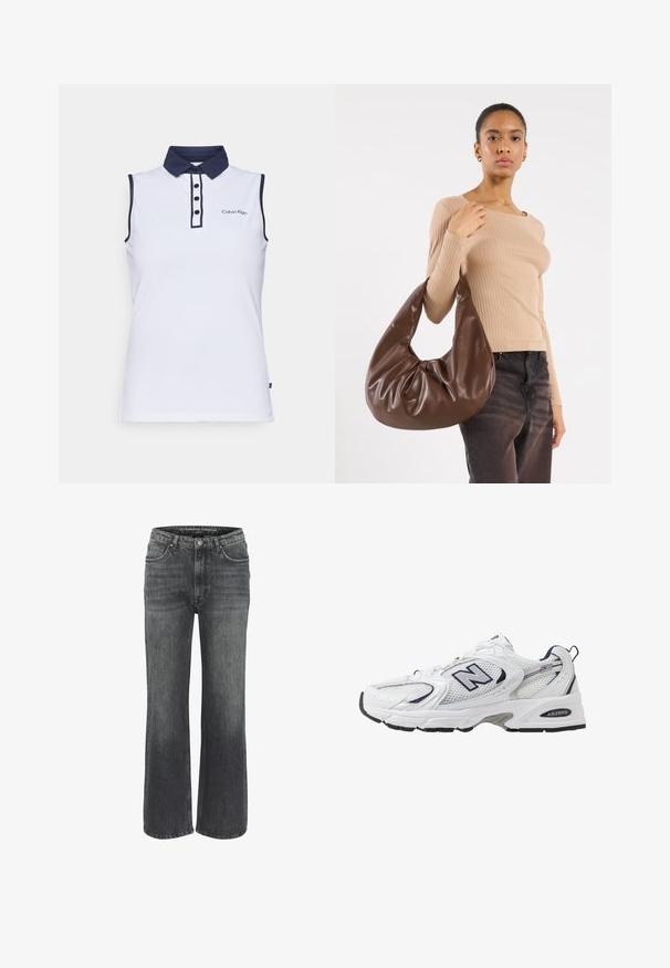 Czarna skórzana kurtka motocyklowa z wieloma zamkami błyskawicznymi, paskiem w talii, naramiennikami oraz satynową podszewką.; Bezrękawnik polo w kolorze białym z granatowym kołnierzykiem i akcentami. Posiada zapięcie na trzy guziki oraz haftowane logo po lewej stronie klatki piersiowej.; Jeans typu wide-leg w ciemnoszarym denienie, z klasycznym pięciopocketowym wzorem, przeszyciami oraz zapięciem na guzik w taliji.; Białe sportowe buty z siateczkową cholewką, granatowymi akcentami i wyściełaną podeszwą. Posiadają logo "N", sznurówki oraz teksturowany detal po boku.; Brązowa skórzana torba hobo o luźnym designie i gładkiej teksturze. Nosi ją w sposób casualowy modelka, posiada dużą kieszeń i zaokrąglony kształt.