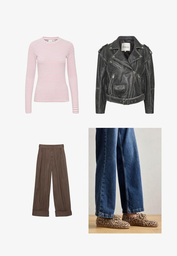 Schwarze Leder-Motorradjacke mit mehreren Reißverschlüssen, einem taillierten Gürtel, Schulterepauletten und einem satinierten Innenfutter.; Langärmliges gestreiftes T-Shirt mit pinken und weißen horizontalen Streifen, Rundhalsausschnitt, weicher Stoff und taillierte Passform.; Braune weite Hosen aus Baumwolle mit Knopfverschluss, gefältelter Vorderseite und umgeschlagenen Säumen für einen entspannten Sitz.; Leopardenmuster-Loafers aus Wildleder, mit abgerundetem Zehenbereich, Schnürdesign und flachen, flexiblen Sohlen, kombiniert mit blauen Jeans.