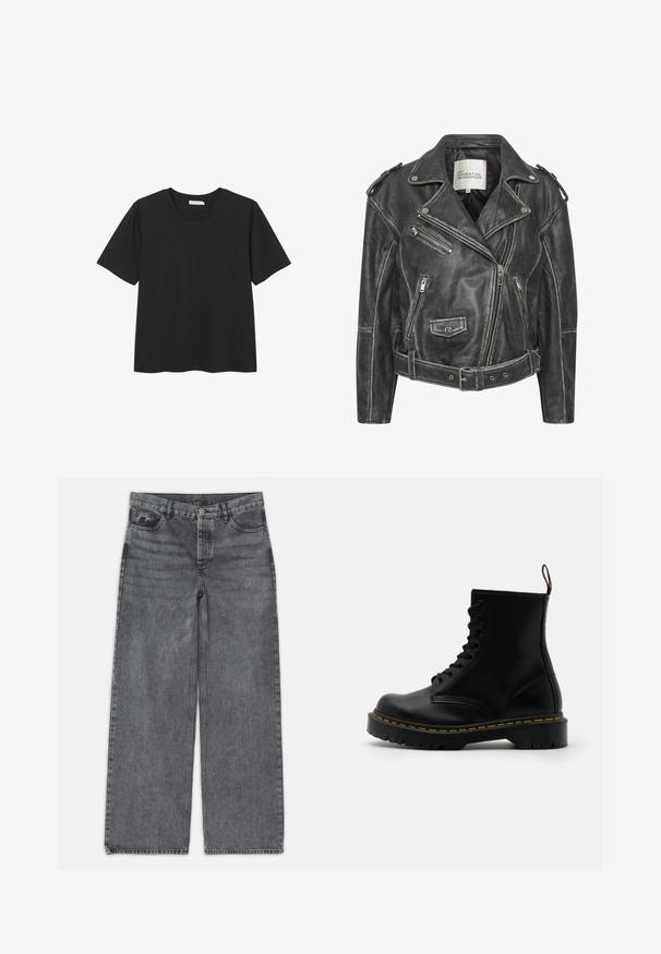 Sort lædermotorcykeljakke med flere lynlåse, bælte i taljen, skulderepauleter og satinforet inderside.; Sort kortærmet T-shirt med rund halsudskæring, lavet af blødt bomuldsstof, med en lige kant og ingen synlige mønstre eller accenter.; Bredde ben jeans i mørkegrå denim. Har høj talje, fem lomme design og forneden knaplukning. Glat tekstur med subtil fading.; Sorte læder ankelstøvler med snørebånd foran, gul syning, en rund tå og en tyk, tekstureret gummisål.