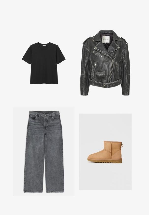 Musta nahkainen moottoripyörätakki, jossa on useita vetoketjuja, vyöllinen vyötärö, olkapäät ja satiinivuori.; Mustahdollinen musta lyhythihainen T-paita pyöreällä kaula-aukolla, pehmeästä puuvillamateriaalista, suoralla helman muotoilulla ja ilman näkyviä kuvioita tai yksityiskohtia.; Laivahousut tummanharmaasta denimestä. Ominaisuuksina korkea vyötärö, viisi taskua ja etupainon sulku. Sujuva pinta hienovaraisella haalistumisella.; Ruskean mokkasandaalit pyöreällä kärjellä, ommelluilla yksityiskohdilla, takana vetotappi ja teksturoidulla kumipohjalla. Suunniteltu mukavuutta ja lämpöä varten.