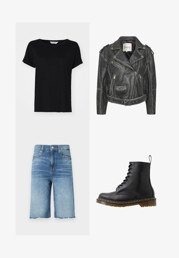 Giacca da motociclista in pelle nera con multiple zip, vita con cintura, spalline e interno foderato in satin.; T-shirt nera a maniche corte realizzata in tessuto morbido, con scollatura rotonda e vestibilità rilassata, con dettagli di orlo cuciti.; Shorts di denim in blu chiaro con un finish sbiadito, design a cinque tasche, orlo grezzo e dettagli di cucitura in contrasto.; Stivale alla caviglia in pelle nera con punta rotonda, design con lacci ad occhiello, cuciture arancioni e suola spessa traslucida. Loops sul retro.