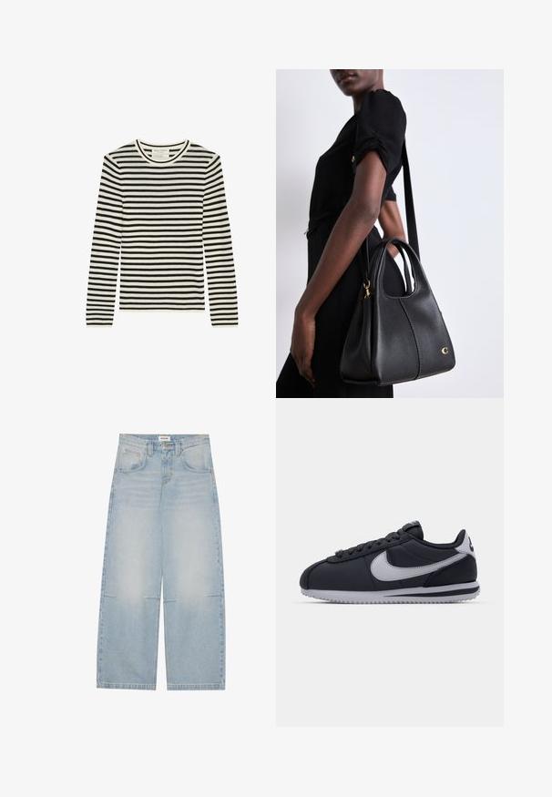 Czarna skórzana kurtka motocyklowa z wieloma zamkami błyskawicznymi, paskiem w talii, naramiennikami oraz satynową podszewką.; Marc O'Polo - Bluzka z długim rękawem; Jasnoniebieskie dżinsy o szerokich nogawkach z wysokim stanem, pięcioma kieszeniami i delikatnym wyblaknięciem; mają kontrastowe przeszycia i zapięcie na guzik.; Czarne sportowe buty z szarymi akcentami, gładka syntetyczna cholewka, teksturowana podeszwa, zaokrąglony nos, płaskie sznurowadła. Klasyczny design z detalem logo.; Czarna skórzana torebka w kształcie hobo, z gładką fakturą, zaokrąglonym szczytem i złotymi akcentami.