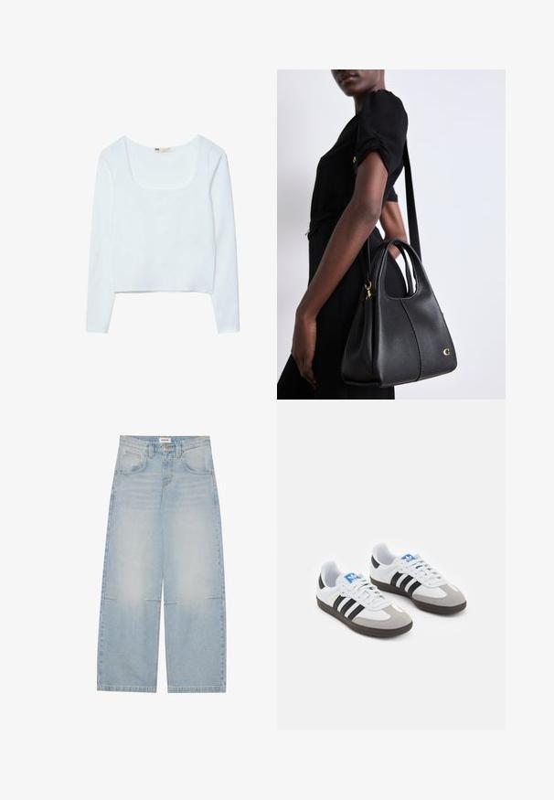 Black leather motorcycle jacket featuring multiple zippers, a belted waist, shoulder epaulettes, and a satin-lined interior.; White, long-sleeve, cropped top with a square neckline and smooth textured fabric. No visible patterns or hardware details.; Light blue wide-leg denim jeans with a high waist, five pockets, and subtle fading; features contrast stitching and a button closure.; Sport shoes with a white leather upper, gray suede toe, and three black stripes. Features a blue logo on the tongue and a textured rubber sole.; Black leather handbag with a hobo shape, featuring a smooth texture, rounded top, and gold hardware accents.