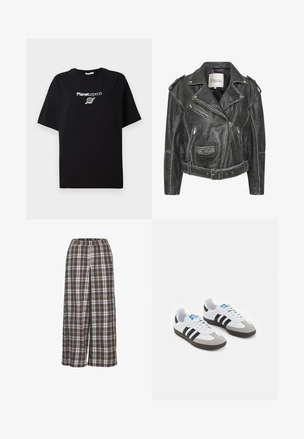 Jachetă de motociclist din piele neagră, cu multiple fermoare, talie cu curea, epauleți pe umeri și interior căptușit cu satin.; Tricou din bumbac negru cu o croială lejeră. Prezintă text alb "Aspecte ale planetei" și un grafic cu o planetă. Mâneci scurte și decolteu rotund.; Pantaloni largi cu carouri în nuanțe de maro, alb și gri; talie elastică; material moale; prezintă un model clasic de carouri.; Încălțăminte sport cu un superior din piele albă, vârf din suede gri și trei dungi negre. Prezintă un logo albastru pe limbă și o talpă din cauciuc texturat.