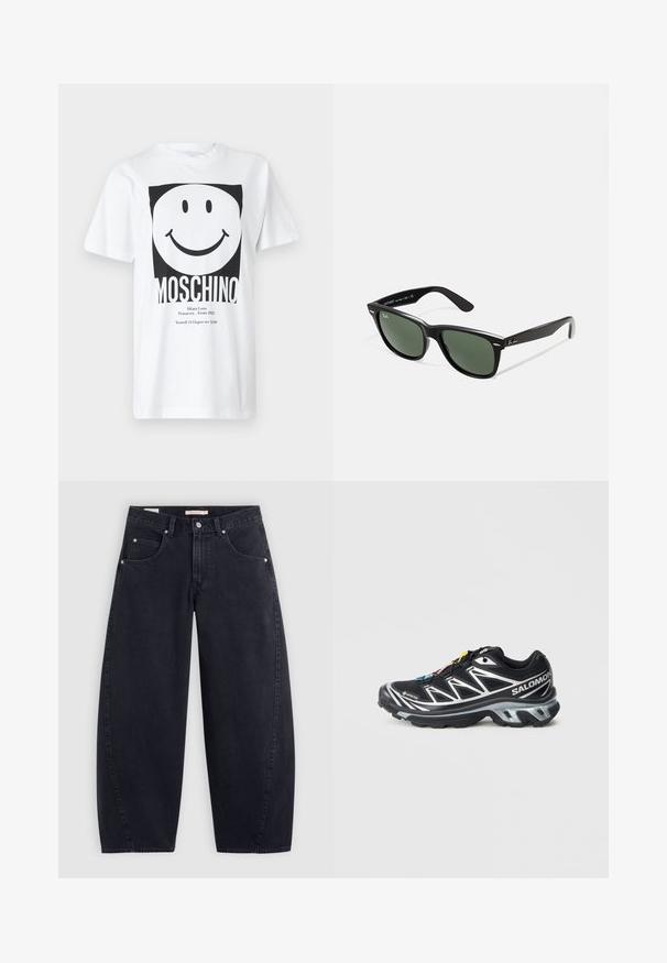 Sort lædermotorcykeljakke med flere lynlåse, bælte i taljen, skulderepauleter og satinforet inderside.; Hvid bomulds T-shirt med et sort firkantet grafik med et smilende ansigt og teksten "MOSCHINO" nederst. Korte ærmer, rund hals.; Sorte denim wide-leg jeans med høj talje, to frontlommer og sølvhardware. Glat tekstur, minimale stikninger og lige snit.; Sort løbesko med sølv detaljer, GORE-TEX materiale, tekstureret sål og farverige snørebånd. Har en polstret hæl for støtte.; Sorte plastiksolkaber med grønne linser, firkantede stel, sølvaccent på brynene og teksturerede templede arme. Angivet mærke på den indre arm.; Sort totebag med to lange håndtag, en lynlåsåbning og et lille grønt krokodillelogo centreret under håndtagene.