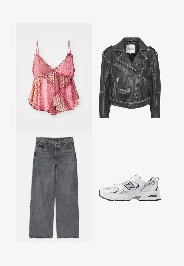 Černá kožená motorkářská bunda s několika zipy, opaskem v pase, epaulety na ramenou a saténovou podšívkou.; Růžový vzorovaný top s nastavitelnými ramínky, výstřihem do V, vrstvenými volány a dekorativním lemem s květinovými a geometrickými vzory.; Kalhoty s širokými nohavicemi v tmavě šedém denimovém materiálu. Vyznačují se vysokým pasem, pěti kapsami a předním zapínáním na knoflík. Hladká textura s jemným vyblednutím.; Bílé sportovní boty s textilním svrškem, námořnickými akcenty a polstrovanou podrážkou. Obsahují logo "N", tkaničky a texturovaný detail na boku.