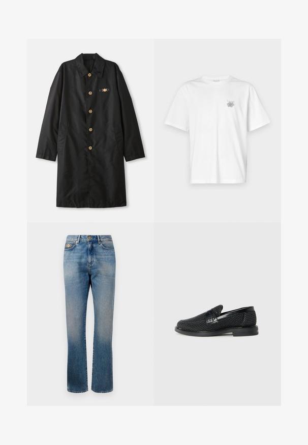 Fekete kabát sima anyagból, gallérral, aranygombokkal és két oldal zsebbel, díszes kiegészítéssel a mellkason.; Fehér pamut póló rövid ujjakkal, kerek nyakkal, és egy kis szürke logóval a bal mellrészen. Sima tapintású.; Kék farmernadrág egyenes lábakkal, enyhe kopással, aranygombos és szegecses részletekkel, valamint klasszikus öt zsebes kialakítással.; Fekete szőtt slip-on cipő sima bőr díszítéssel a felsőrészen, kerek orral és alacsony profilos gumitalppal.