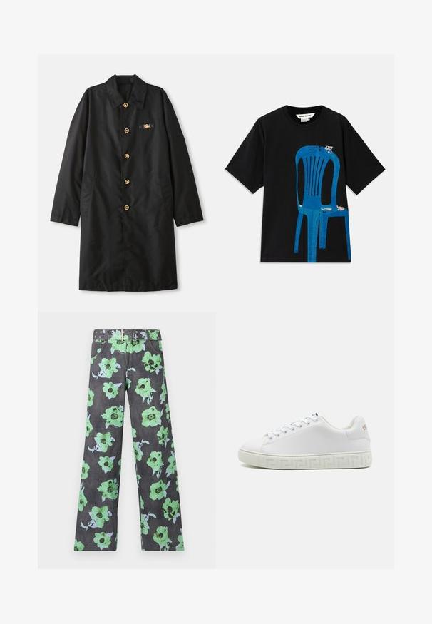 Must must vest, mis smooth kätte, featuring a krae, kuldsed nupud ja kaks küljetaskut dekoratiivse aktsendiga rinnal.; Mustakarva puuvillane T-särk, mille ees on sinine trükisega tooli disain. Lühikesed varrukad ja ümmargune kaelus. Lihtne tekst tooli kohal.; Tumedates lillemustriga püksid, millel on suured rohelised ja sinised lilled. Kaasas on sobiv vöö, millel on mitmeid nitte ja augusteid.; Valge tenniseki, millel on sile nahavöö, lamedad paelad ja mustriga kummitald, millel on geomeetriline disain. Küljes on peene logo aktsent.