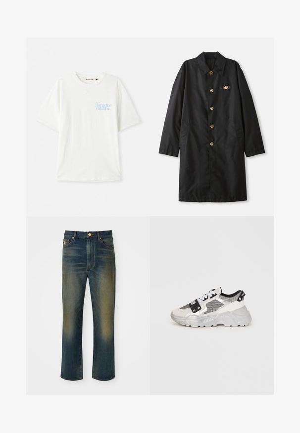 Must must vest, mis smooth kätte, featuring a krae, kuldsed nupud ja kaks küljetaskut dekoratiivse aktsendiga rinnal.; Valge puuvillane T-särk, millel on soe lõige ja ümar kaelus. Üks vasakpoolne külg on kaunistatud helesinise tekstiga. Tekstuuriga kude.; Sinised denim teksad sirge, laia sääre disainiga. Omab pleekinud alasid ja nupuvajutusega sulgemist. Koos esikottide ja logo detailiga.; Ümarad tossud valge ja hõbedase disainiga. Omavad võrgupaneele, musti aktsente ja valgeid paelu. Tekstuuriga tallaosa, millel on tõstetud muster.