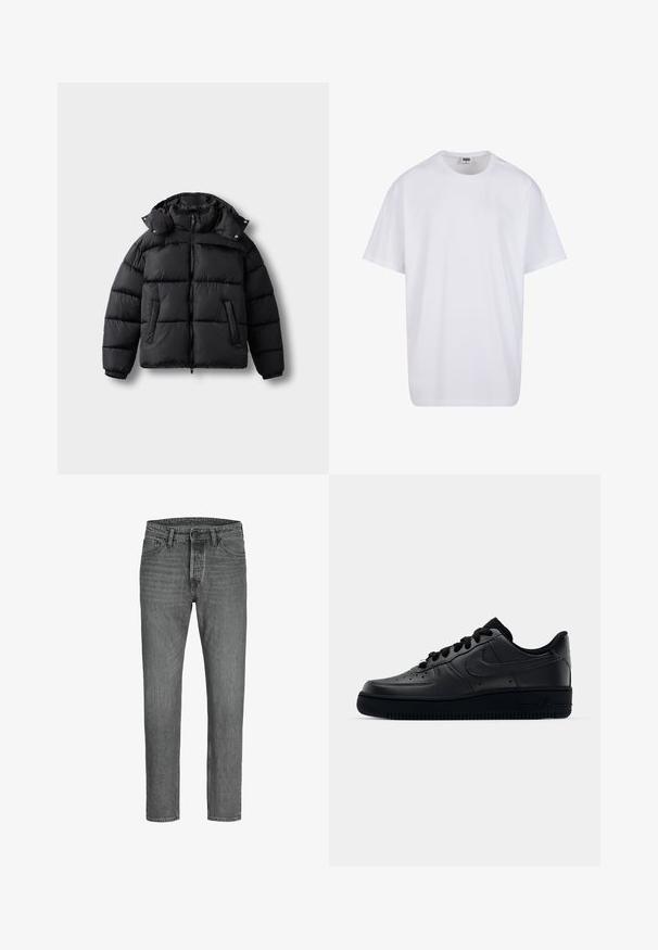 Črna pufasta jakna z zadrgo spredaj, visokim ovratnikom in gumbi na klik. Ima horizontalne prešitve in dva sprednja žepa. Mehka, toplotno izolirana tkanina.; Bela bombažna majica s kratkimi rokavi, okroglim izrezom, sproščenim krojem in brez vidnih logotipov ali vzorcev. Gladka tekstura in minimalen dizajn.; Sive traperice z ravnim krojem, zasnovane s petimi žepi in kovinskim gumbom za zapiranje. Dobro obrabljen videz in subtilno zbledela čez celoten material.; Črne Nike Air Force 1 športne copate z gladkim usnjem, perforirano konico za zračnost, črnimi vezalkami in teksturirano gumijasto podplatom.