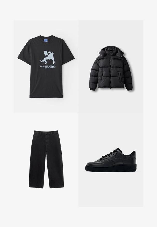 Crna puffa jakna s patentnim zatvaračem sprijeda, visokim ovratnikom i kopčama na gumb. Uključuje horizontalne quilty i dva prednja džepa. Mekani, izolirani materijal.; Crna pamučna majica s kratkim rukavima, s svijetloplavim grafičkim motivom osobe koja drži aktovku i tekstom "KIDSUPER STUDIOS GET UP, GET GOIN'."; Crne traperice širokih nogavica visokog struka, s prednjim zatvaranjem na gumb i standardnim džepovima. Glatka tekstura i čiste linije.; Crne Nike Air Force 1 tenisice s glatkim gornjim dijelom od kože, perforiranom prednjom stranom za prozračnost, crnim vezicama i teksturiranim gumiranim potplatom.