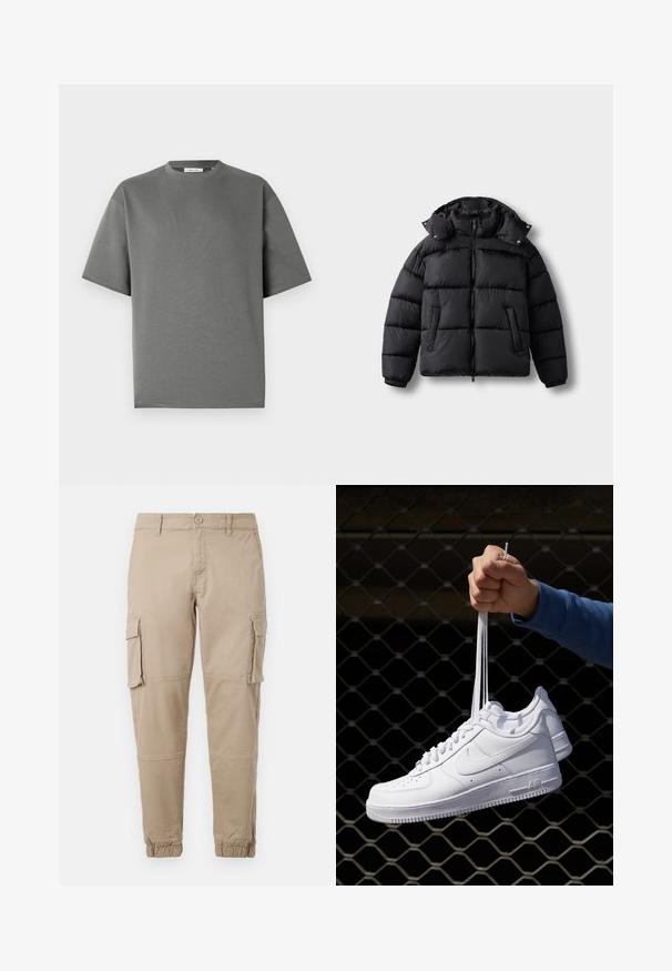 Čierna prešívaná bunda s predným zipsom, vysokým golierom a patentkami. Má horizontálne prešitie a dve predné vrecká. Mäkký, izolačný materiál.; Šedé tričko s krátkym rukávom vyrobené z jemnej bavlny, s okrúhlym výstrihom a voľným strihom s minimálnymi švíkmi.; Béžové cargo nohavice vyrobené z ľahkej bavlny. Majú elastické manžety, viacero bočných vreciek a zapínanie na gombík.; Biele kožené tenisky s perforáciami, okrúhlou špičkou, plochou podrážkou a hrubými šnúrkami, pričom majú viditeľné logo swoosh a nápis "AIR" na päte.