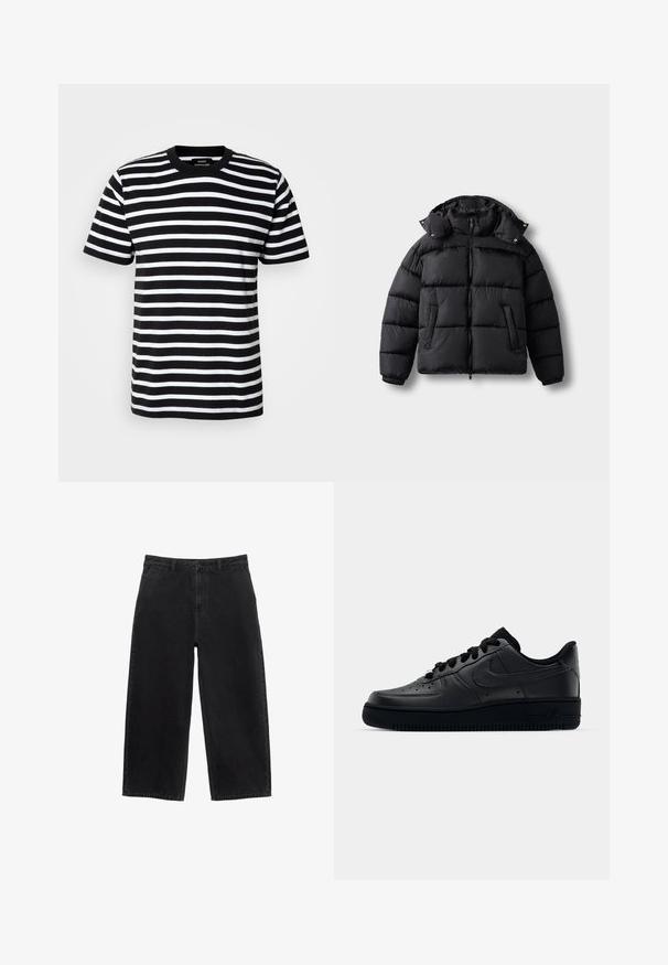 Sort puffer-jakke med lynlås foran, høj krave og trykknapper. Har vandrette quiltninger og to forlommer. Blødt, isoleret materiale.; Sort-hvid stribet t-shirt lavet af bomuld, med korte ærmer, rund halsudskæring og et lille logo på venstre bryst.; Sorte denim bukser med brede ben og høj talje, med knaplukning foran og almindelige lommer. Glat tekstur og rene linjer.; Sort Nike Air Force 1 sneaker med en glat læderoverdel, perforeret tå for åndbarhed, sorte snørebånd og en textured gummisål.