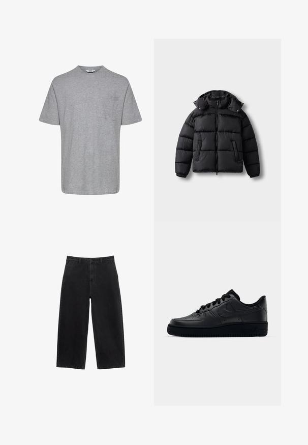 Zwarte pufferjack met een ritssluiting aan de voorkant, hoge kraag en drukknoopsluiting. Voorzien van horizontale stiksels en twee voorzakken. Zacht, geïsoleerd materiaal.; Grijs T-shirt met korte mouwen van zachte stof. Voorzien van een ronde hals en een borstzak aan de linkerkant, met een rechte zoom. Minimalistisch ontwerp.; Zwarte denim wijdpantalon met een hoge taille, voorzien van een voorste knoopsluiting en standaard zakken. Soepele textuur en strakke lijnen.; Zwarte Nike Air Force 1 sneaker met een gladde leren bovenkant, geperforeerde neus voor ademend vermogen, zwarte veters en een getextureerde rubberen zool.